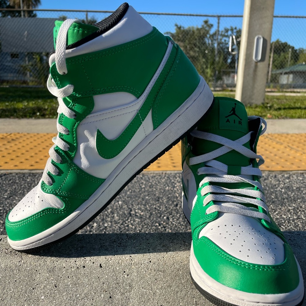 Air Jordan 1 Mid Green and White Sneakers